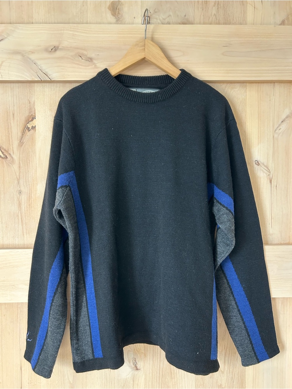 Prana Men's Black Merino wool blend Crewneck Sweater with Blue & Gray Stripes, L